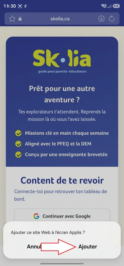 La demande Ajouter ce site Web a l'ecran Applis, avec le bouton Ajouter