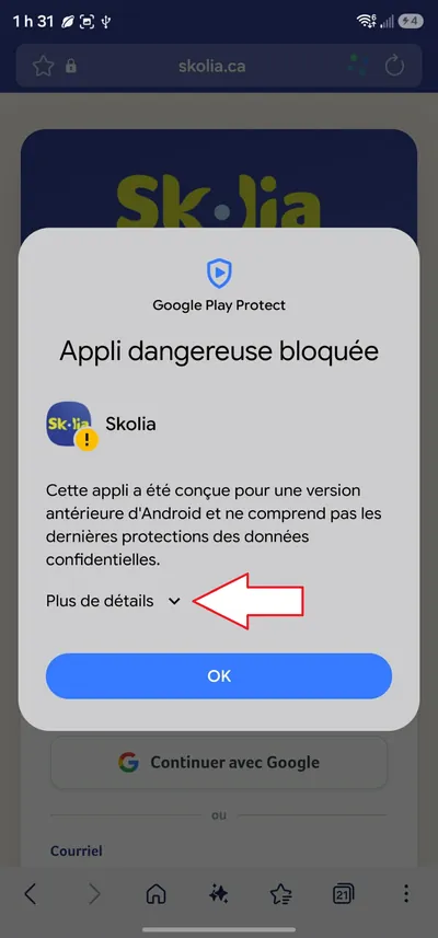 L'avertissement Google Play Protect, avec le lien Plus de details