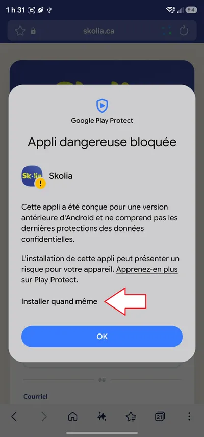 Le meme message deplie, avec Installer quand meme