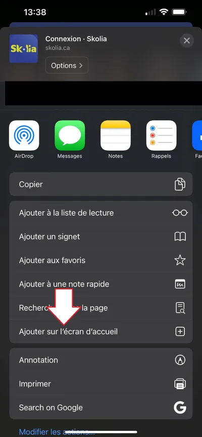 Le menu de partage, avec l'option Ajouter sur l'ecran d'accueil