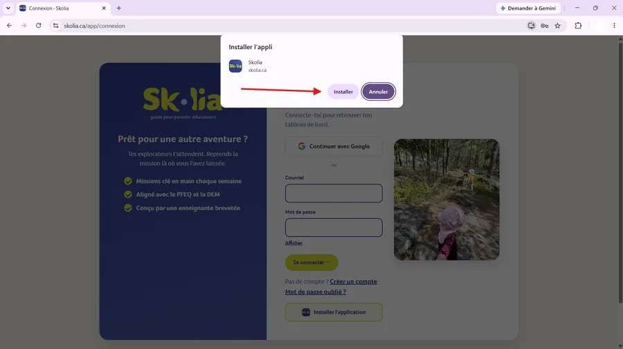 La fenetre Installer l'appli, avec le bouton Installer