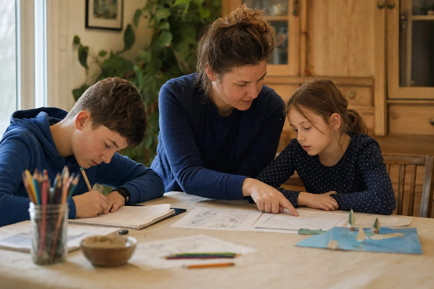Un parent et ses deux enfants autour de la m&ecirc;me mission, &agrave; la table de cuisine