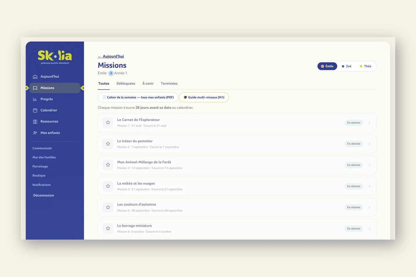 L'&eacute;cran des missions dans la plateforme, avec les dates d'ouverture